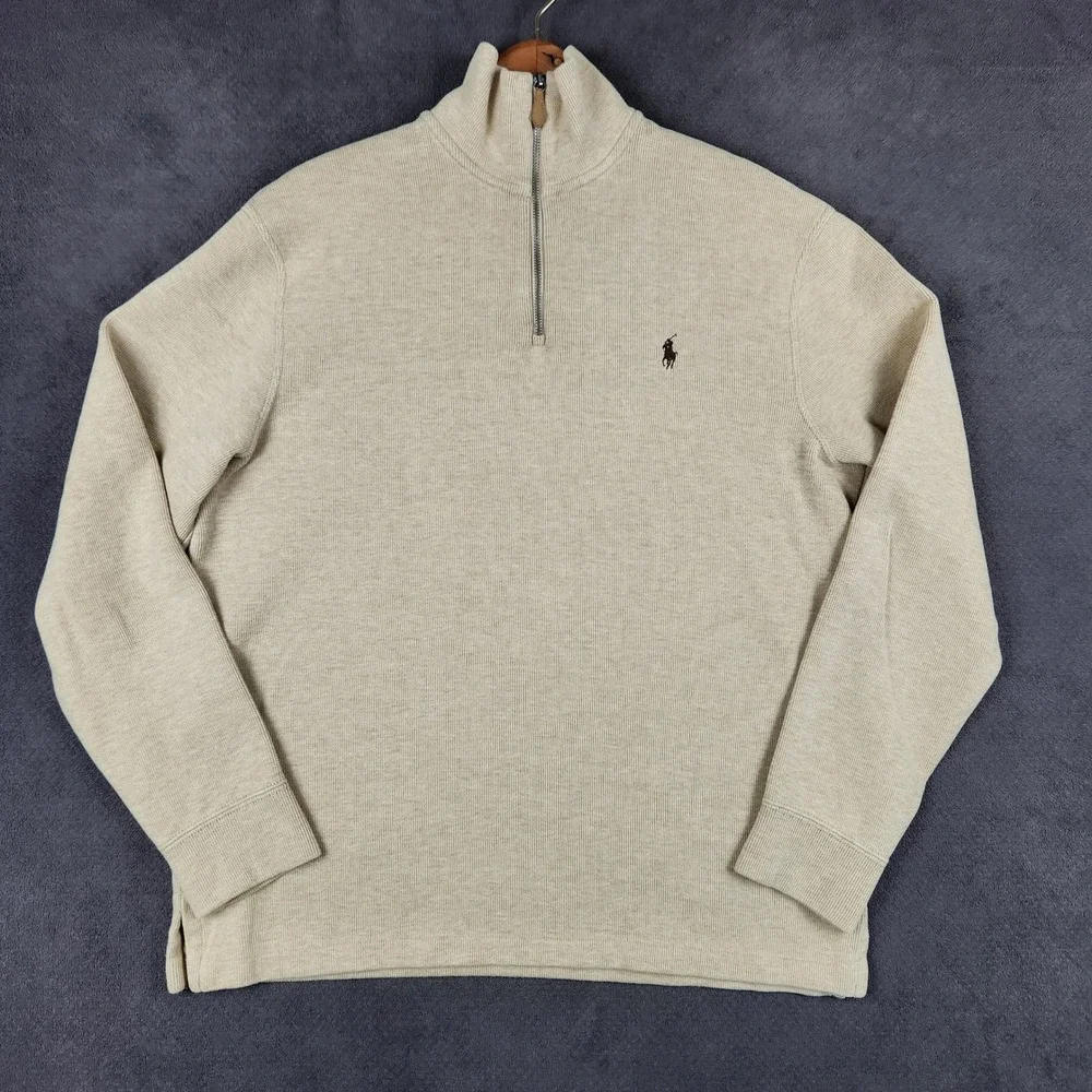 Polo Ralph Lauren Estate Rib 1/4 Zip Mens Medium Beige Cotton Pullover Sweater